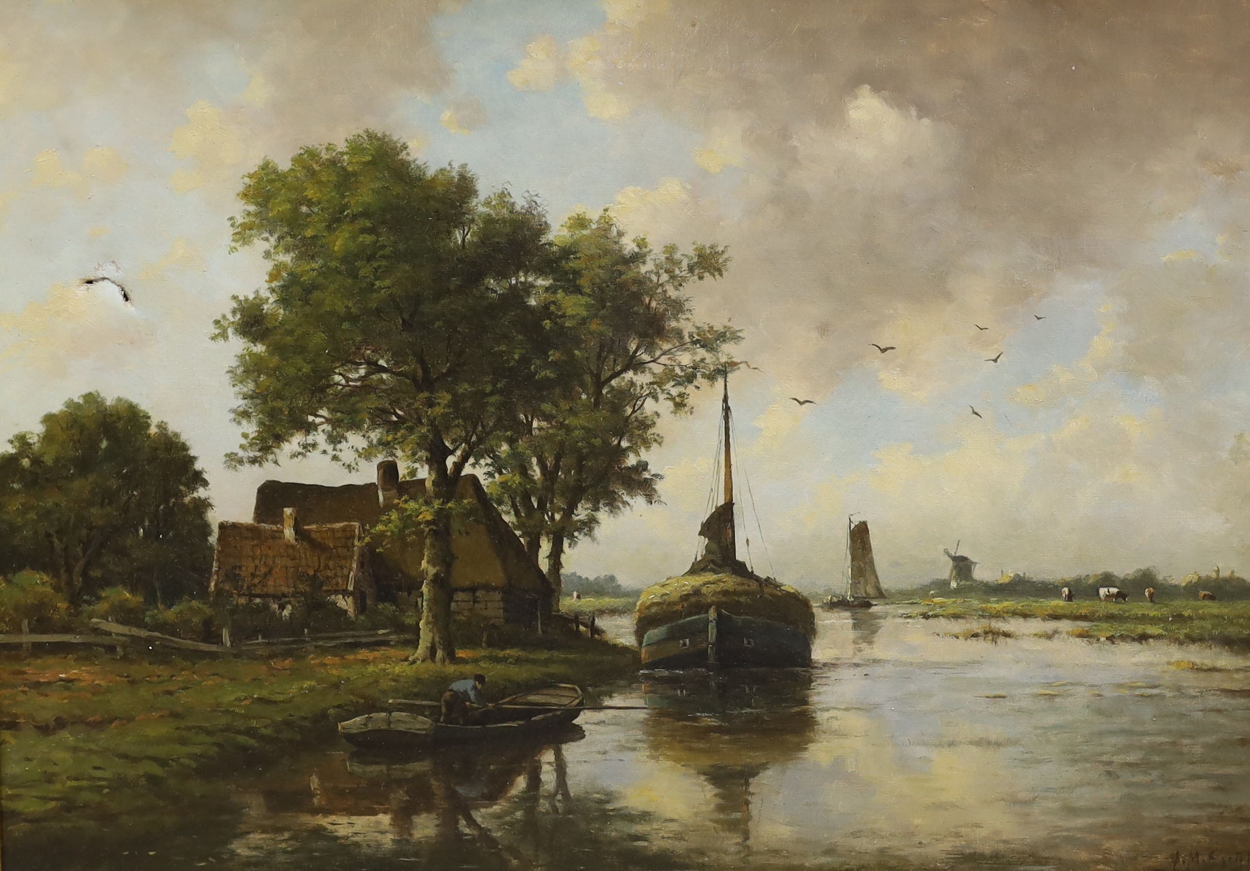 Adriaan Marinus Geijp (1855-1926), oil on canvas, Dutch river landscape with hay barge and windmill, signed, 49 x 69cm (canvas torn)